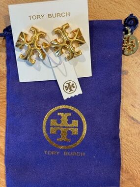 Tory Burch Shiny Gold Double-T Logo Stud Earrings
